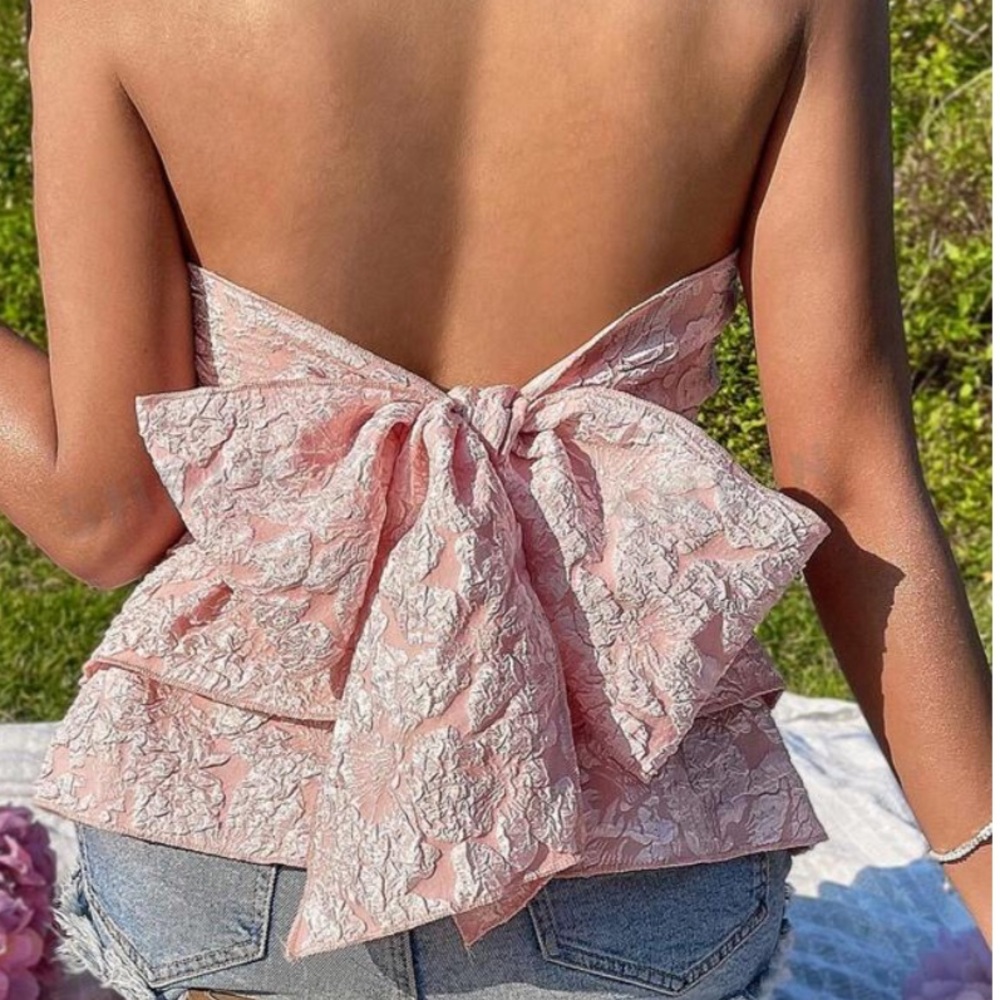 Strapless ruffle top bow floral T shirt blouse S 4 pink Easter teen tube party 6